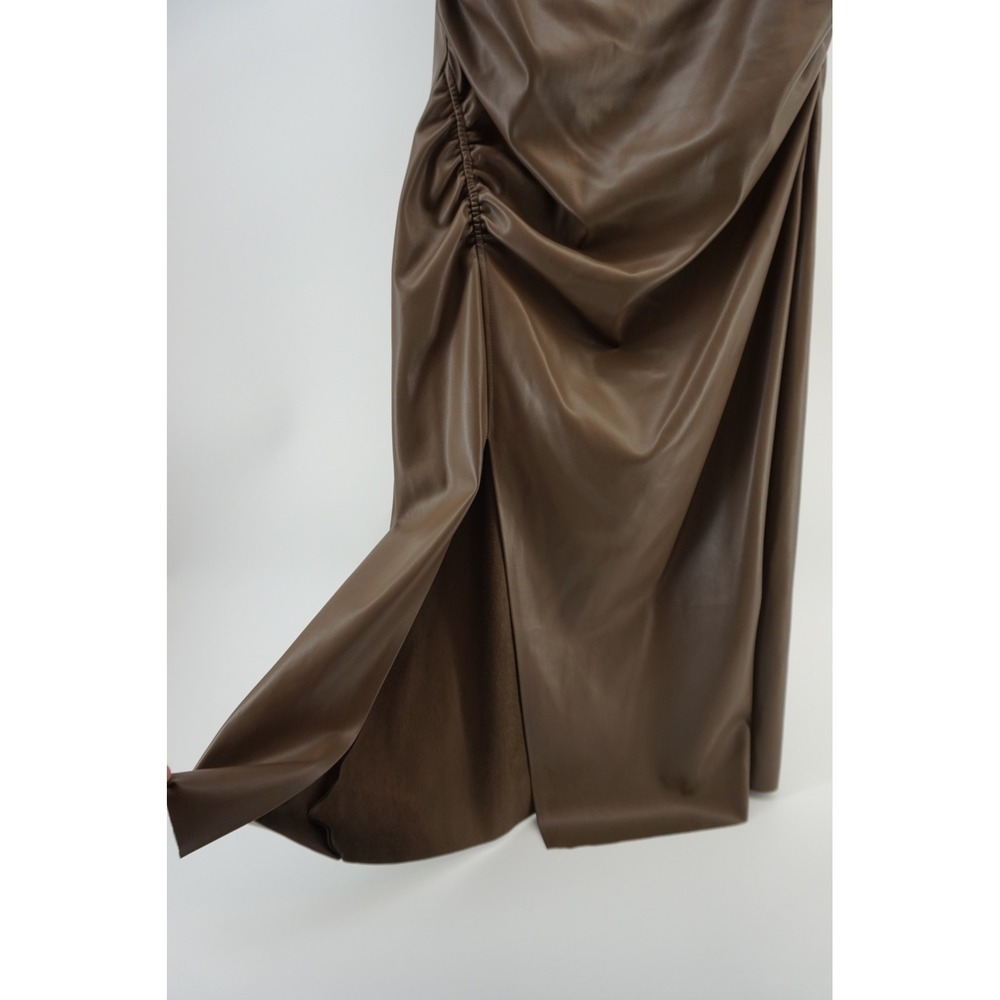 River Island Drape Cowl Neck Ruched Midi Dress Faux Leather Slit Brown US 8 NEW - Picture 5 of 9